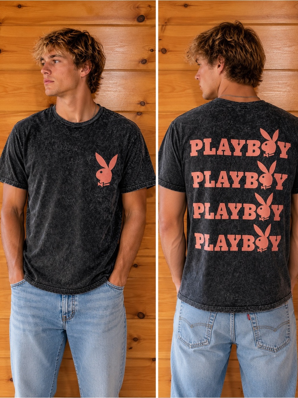 PLAYBOY Black Mineral-Wash Tee with Pink Bunny Logo